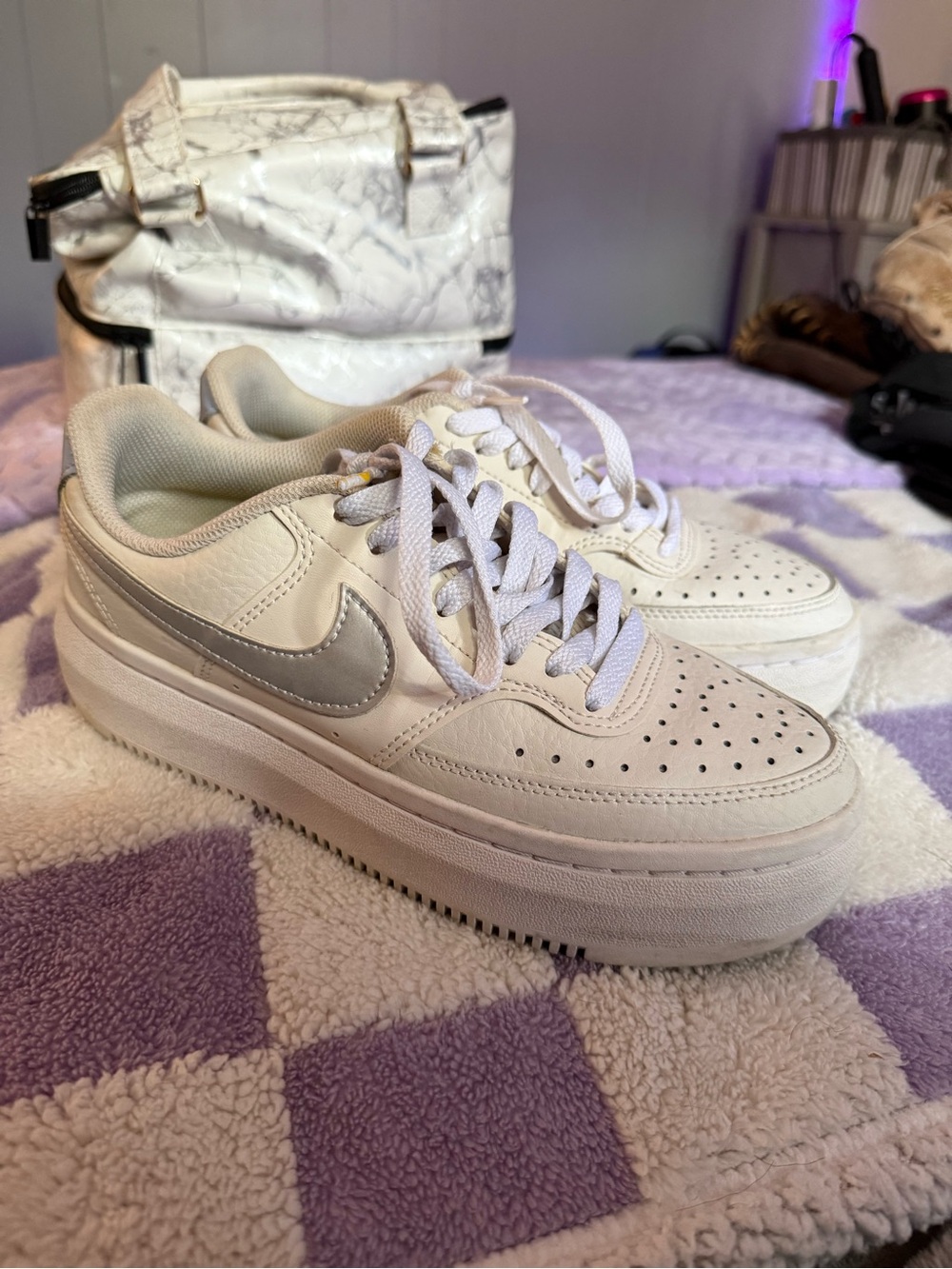 Nike Women’s Cream Leather Platform Sneakers with Silver Swoosh